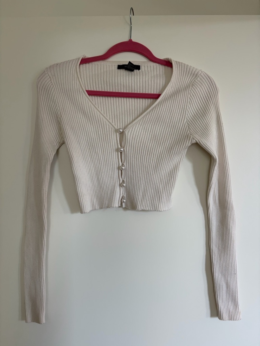 Forever 21 Ribbed Cropped Pearl-Button Cardigan - Cream